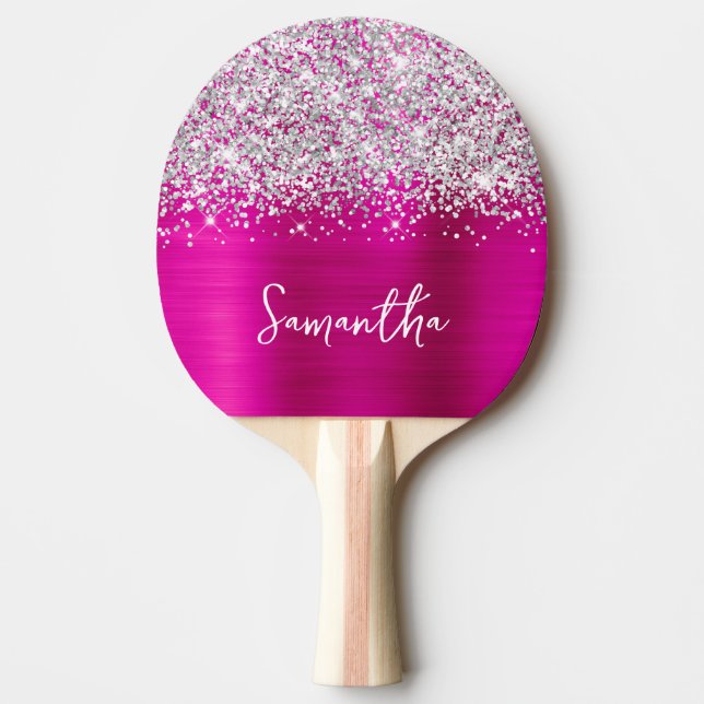 Raquette De Ping Pong Pailleté Argent Rose Chaud Nom Glamour (Devant)