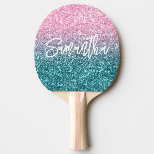 Raquette De Ping Pong Pailleté Luxe Rose Clair Ombré Sarcelle Paillettes