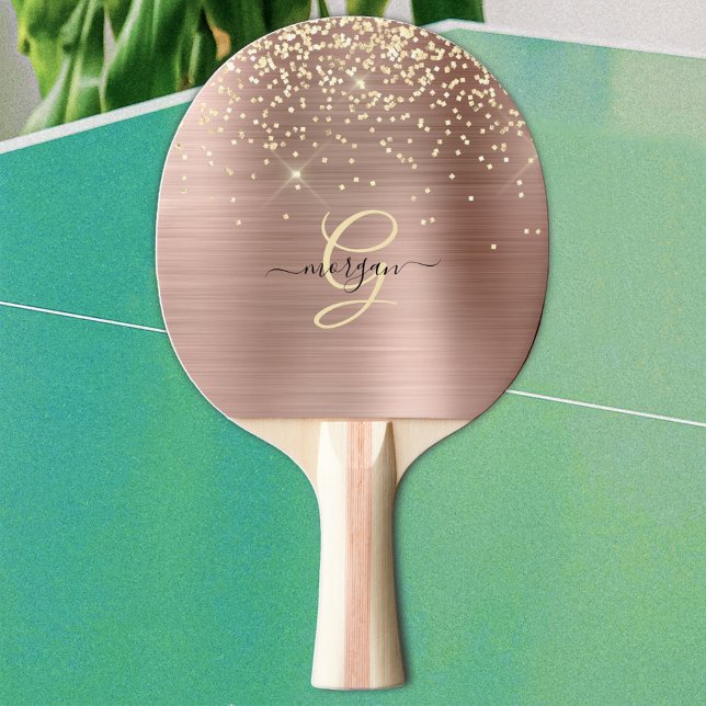 Raquette De Ping Pong Paillettes dorées, monogramme doré, nom en script  (Créateur téléchargé)