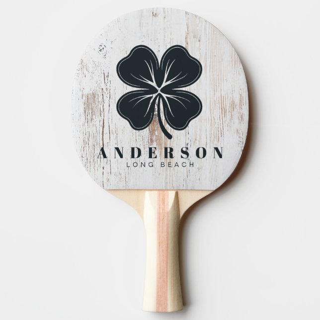 Raquette De Ping Pong Painted White Wood Four Leaf Clover with Name (Dos)