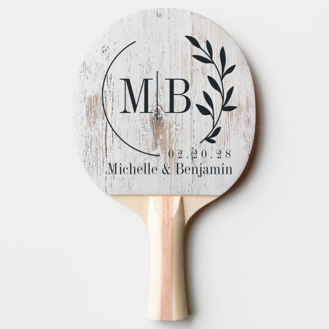 Raquette De Ping Pong Painted White Wood Leaf Wedding Monogram (Dos)