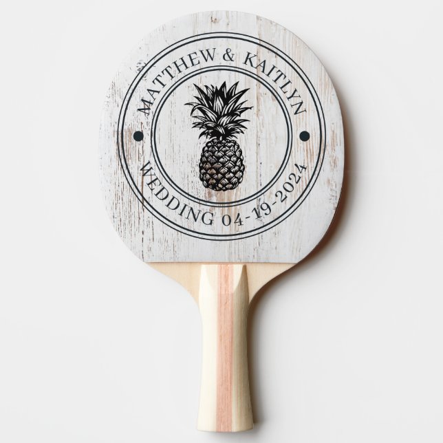 Raquette De Ping Pong Painted White Wood Pineapple Wedding Crest & Names (Dos)