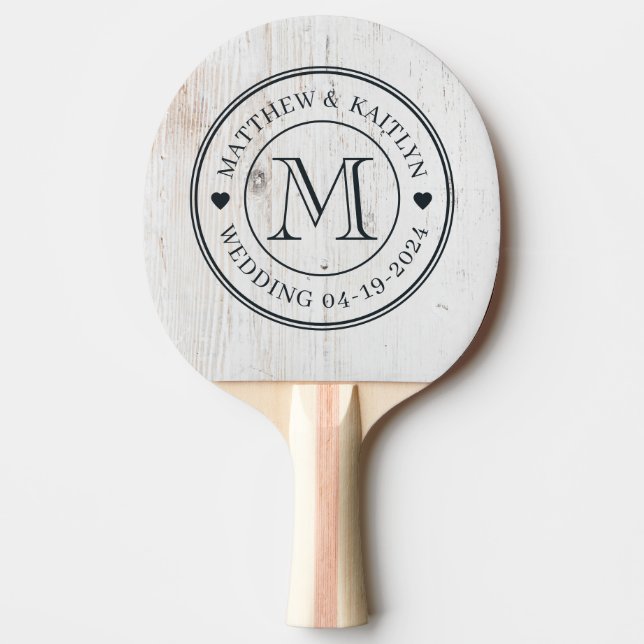 Raquette De Ping Pong Painted White Wood Wedding Monogram Heart (Devant)