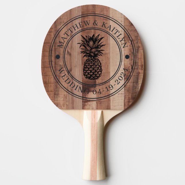 Raquette De Ping Pong Pallet Wood Board Pineapple Wedding Crest & Names (Dos)