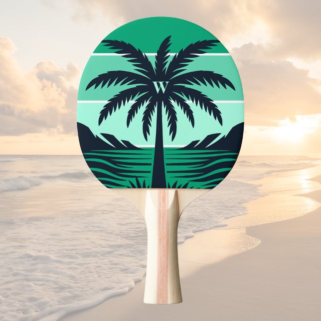 Raquette De Ping Pong Palm Tree Silhouette Black Striped Green Monogram (Créateur téléchargé)