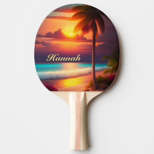 Raquette De Ping Pong Palmier sur la plage au coucher du soleil