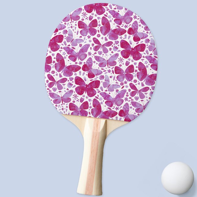 Raquette De Ping Pong Papillon Aquarelle Magenta Motif rose (Modern watercolor butterfly pattern magenta pink and white ping pong paddle)