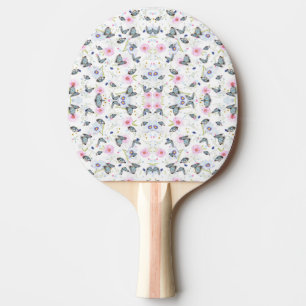 Raquette De Ping Pong Papillon bleu et fleurs roses à l'aquarelle vintag