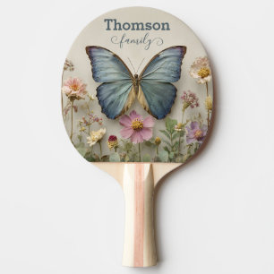 Raquette De Ping Pong Papillon Bleu Vintage Floral Famille Jardin
