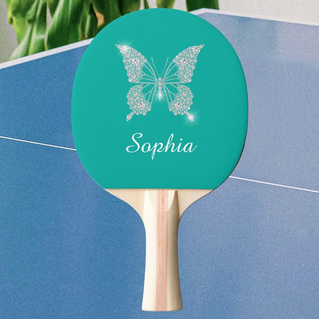Raquette De Ping Pong Papillon Diamant Blanc Script Nom, sarcelle (Créateur téléchargé)