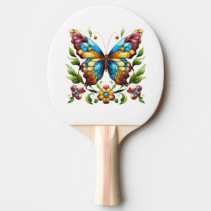 Raquette De Ping Pong Papillon en vitrail coloré avec fleurs
