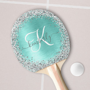 Raquette De Ping Pong Parties scintillant argentée turquoise en métal br