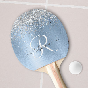 Raquette De Ping Pong Parties scintillant en argent brossé bleu Nom du m