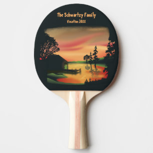 Raquette De Ping Pong Paysage vintage vert orange rouge Coucher de solei