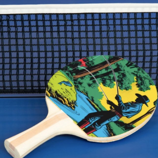 Raquette De Ping Pong Pêcheur sur la rive Raquette de ping-pong (Retro Cowboy Fishing Riverside Scene ergonomic handle. Paddle core constructed with quality laminate)
