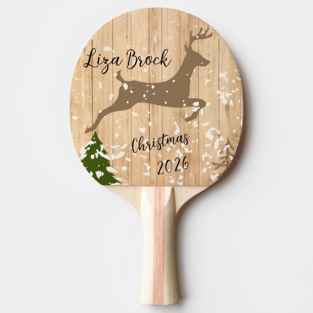 Raquette De Ping Pong Personalized doe Christmas bauble wooden backgroun (Devant)