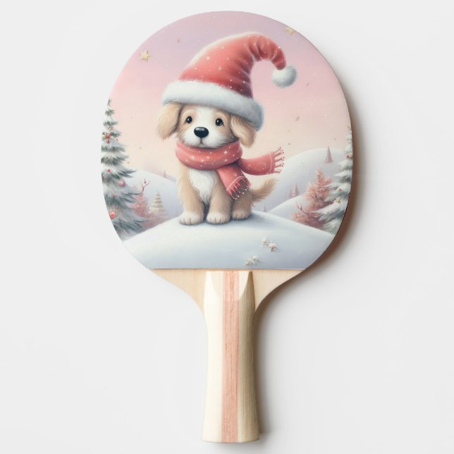 Raquette De Ping Pong Petit chiot de Noël en chapeau santa (Devant)