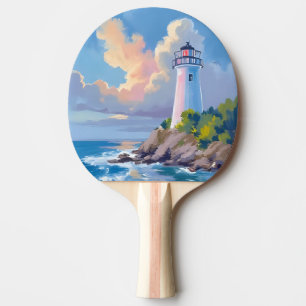 Raquette De Ping Pong Phare côtier Mer aux vagues de l'océan bleu