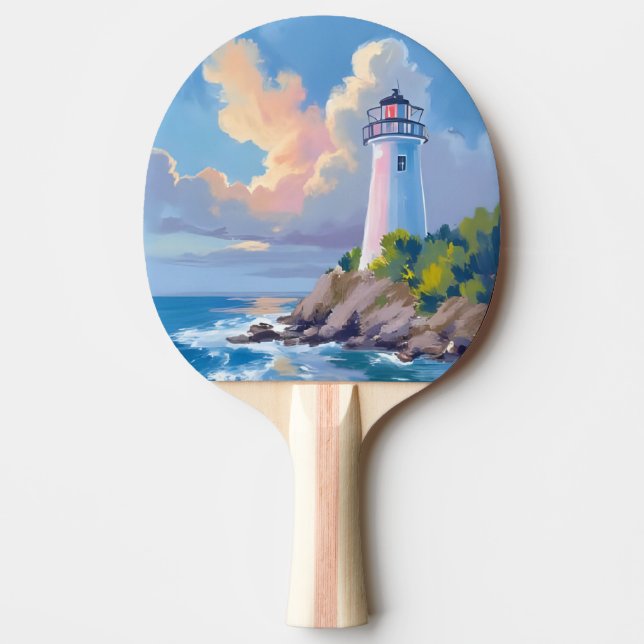 Raquette De Ping Pong Phare côtier | Mer aux vagues de l'océan bleu (Devant)
