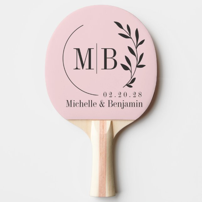 Raquette De Ping Pong Pink Whisper and Black Leaf Wedding Monogram (Devant)