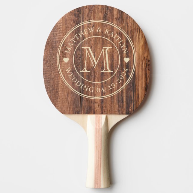Raquette De Ping Pong Planche à découper usée Monogramme de mariage Cœur (Devant)