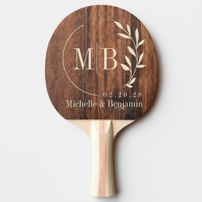 Raquette De Ping Pong Planche à Découper Usée Monogramme de Mariage Feui (Dos)