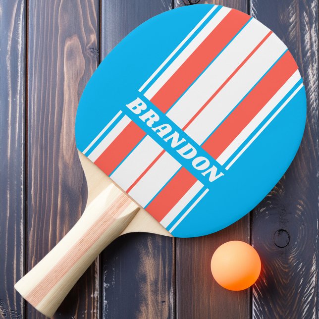 Raquette De Ping Pong Planches Rayures Bleu Ciel Rétro avec Nom (Créateur téléchargé)