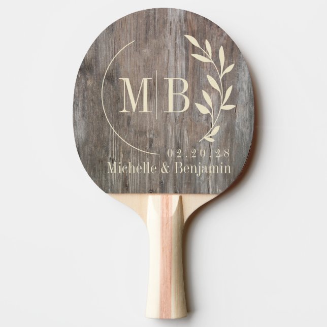Raquette De Ping Pong Planches Usées Monogramme de Mariage Feuille (Dos)