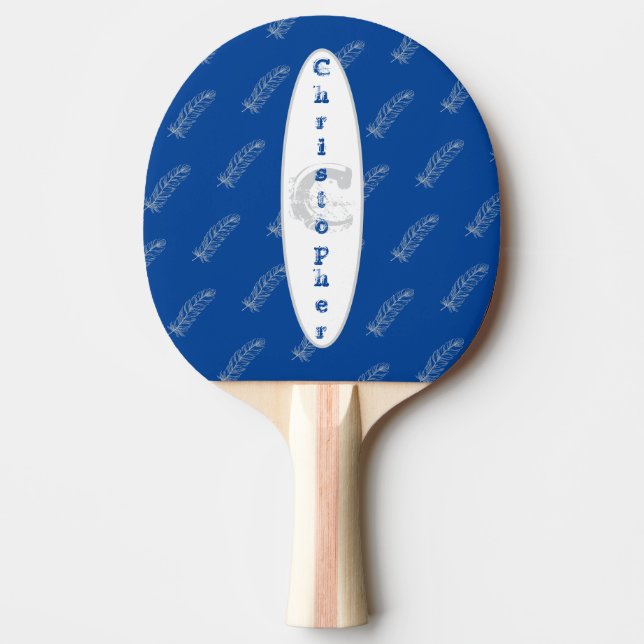 Raquette De Ping Pong Plumes Motif Bleu Simple Nom moderne Monogramme (Devant)