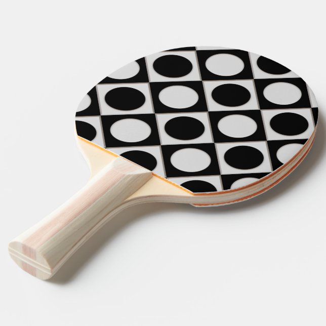 Raquette De Ping Pong Points & Carrés / noir blanc + vos idées (Devant Angle)