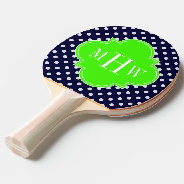 Raquette De Ping Pong Pois blancs de la Marine Lime Quatrefoil 3 Monogra (Devant Angle)
