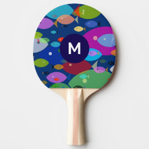 Raquette De Ping Pong Poisson coloré Abstrait Motif bleu Monogramme