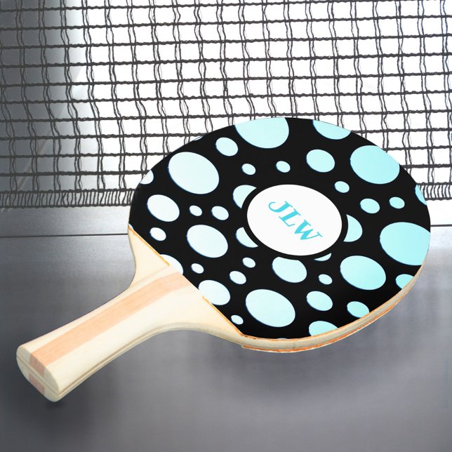 Raquette De Ping Pong Polka-point bleu rétro moderne sur noir (Créateur téléchargé)