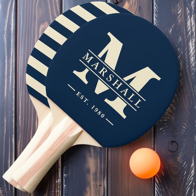 Raquette De Ping Pong Polo Superposition Monogramme & Nom Bleu Mer Profo (Créateur téléchargé)