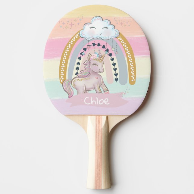 Raquette De Ping Pong 🦄 Rainbow Unicorn Girl Nom personnalisé (Devant)