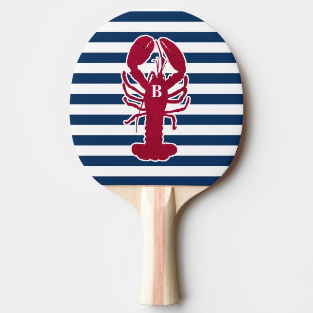Raquette De Ping Pong Rayure blanche bleue de monogramme rouge nautique (Devant)