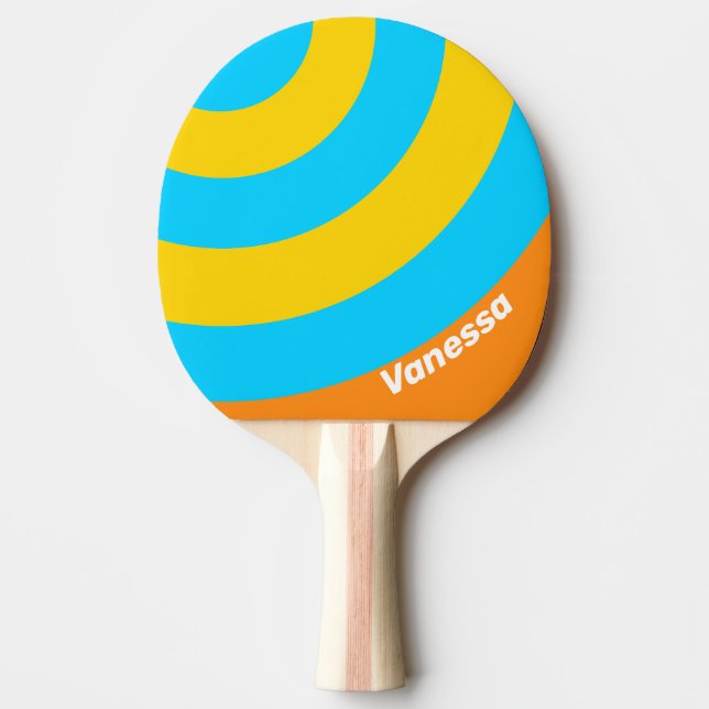 Raquette De Ping Pong Rayure de cercle de plage d'été rétro avec nom (Devant)