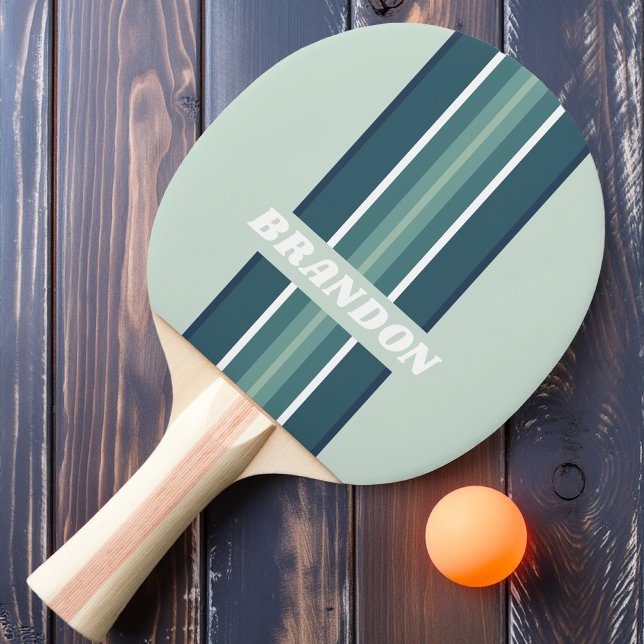 Raquette De Ping Pong Rayure de rallye nostalgique Ocean Green avec nom (Créateur téléchargé)