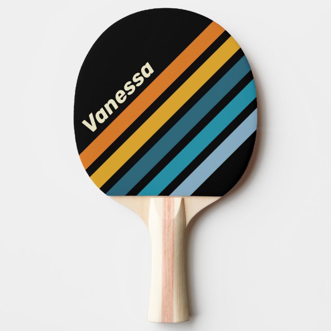 Raquette De Ping Pong Rayure inclinée arc-en-ciel noir avec nom (Devant)