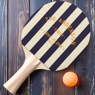 Raquette De Ping Pong Rayure océane de minuit au bord de la mer & Nom de