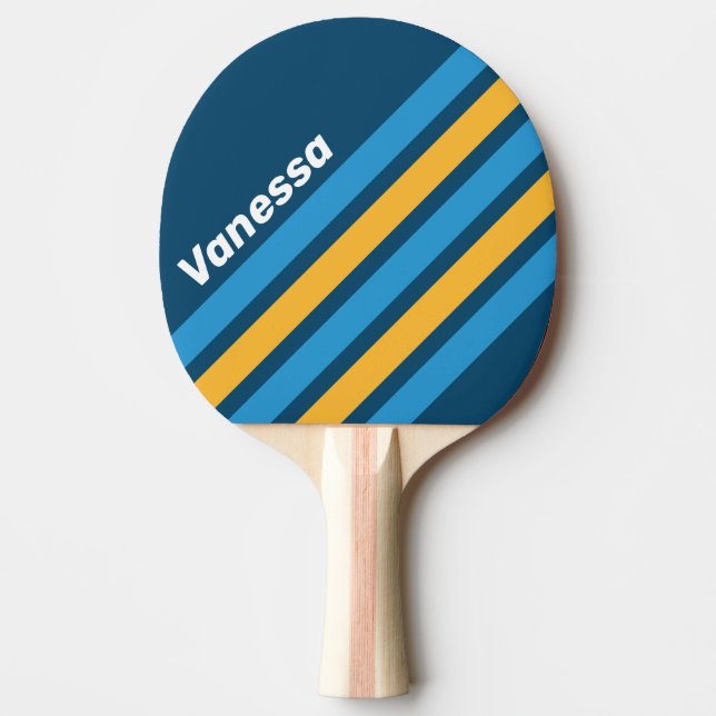 Raquette De Ping Pong Rayures anglées bleu marine rétro avec nom (Devant)