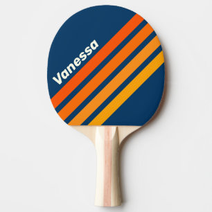 Raquette De Ping Pong Rayures Angulaires Vintage Bleu avec Nom