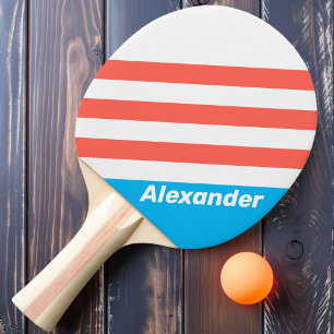 Raquette De Ping Pong Rayures bleu ciel clair Vintage Sport avec nom