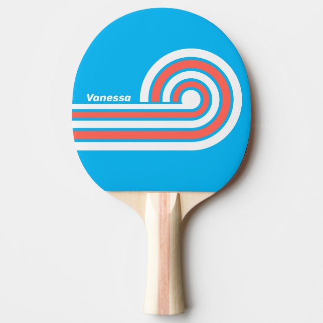 Raquette De Ping Pong Rayures Bleu Ciel Rétro avec Nom (Devant)