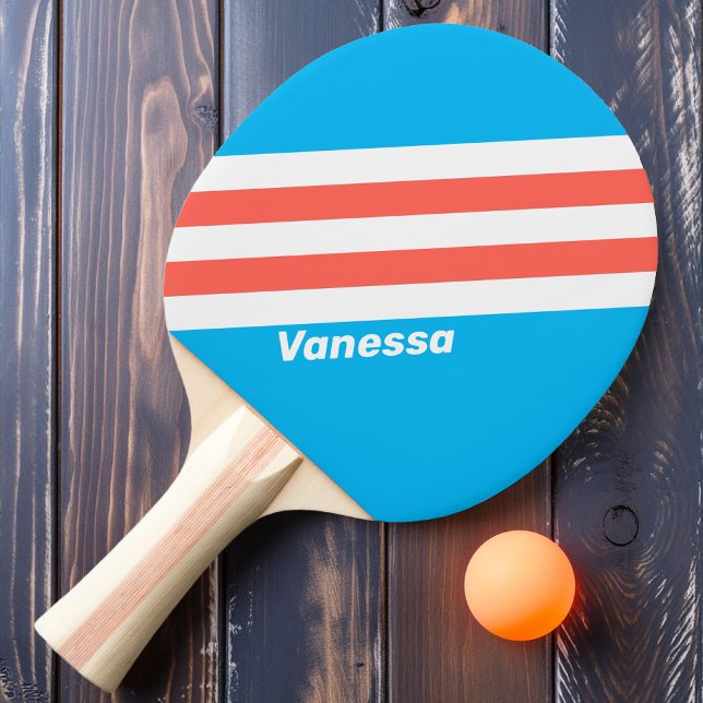 Raquette De Ping Pong Rayures Bleu Ciel Rétro avec Nom (Créateur téléchargé)