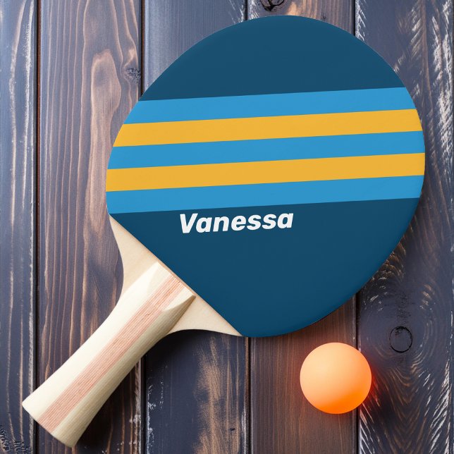 Raquette De Ping Pong Rayures Bleu Marine Rétro avec Nom (Créateur téléchargé)
