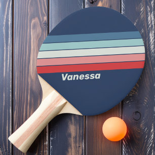 Raquette De Ping Pong Rayures Bleues Nautiques Vintage avec Nom