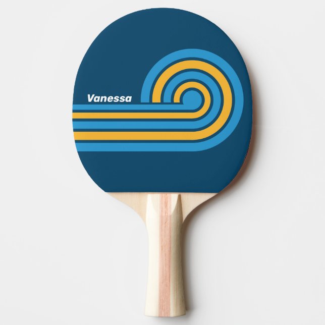 Raquette De Ping Pong Rayures Bleues Rétro avec Nom (Devant)