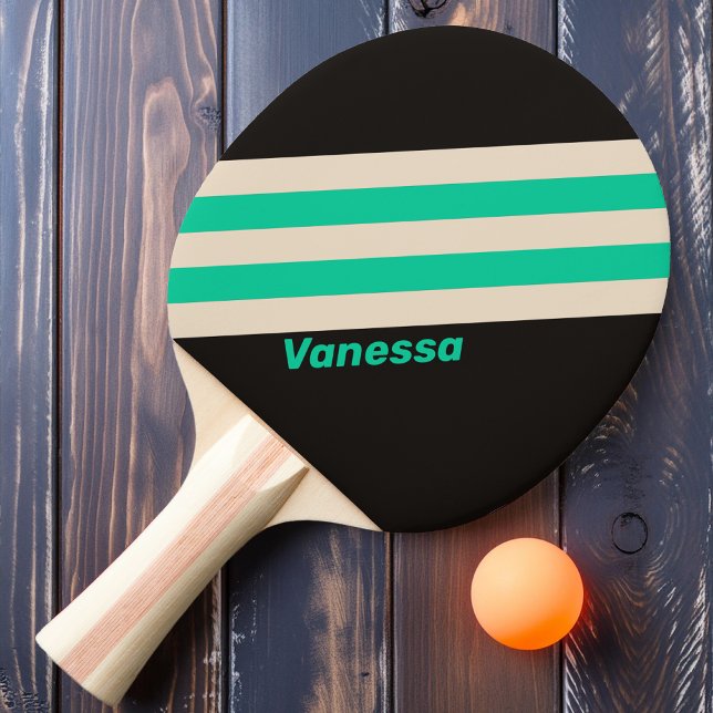 Raquette De Ping Pong Rayures de menthe minuit rétro avec nom (Créateur téléchargé)