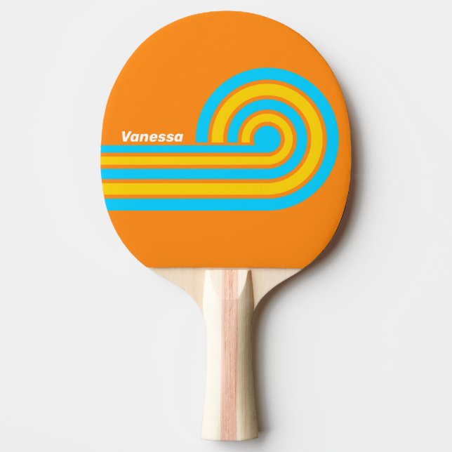 Raquette De Ping Pong Rayures de plage rétro estivales avec nom (Devant)